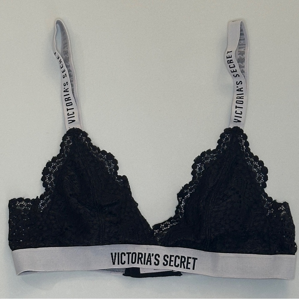 Victoria's Secret Black Lace Triangle Bralette with White Logo Straps Size Small